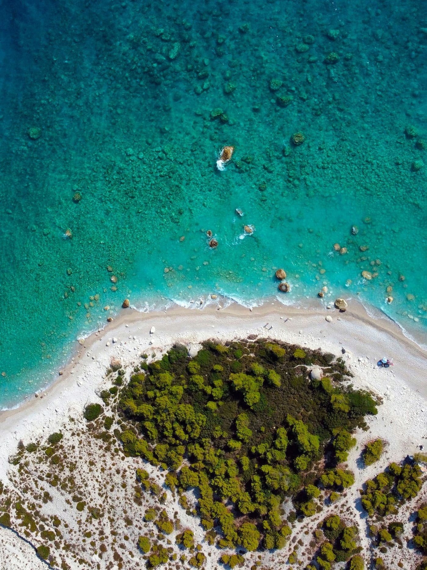 Palasë beach on the Albanian Riviera seen from above, turquoise water